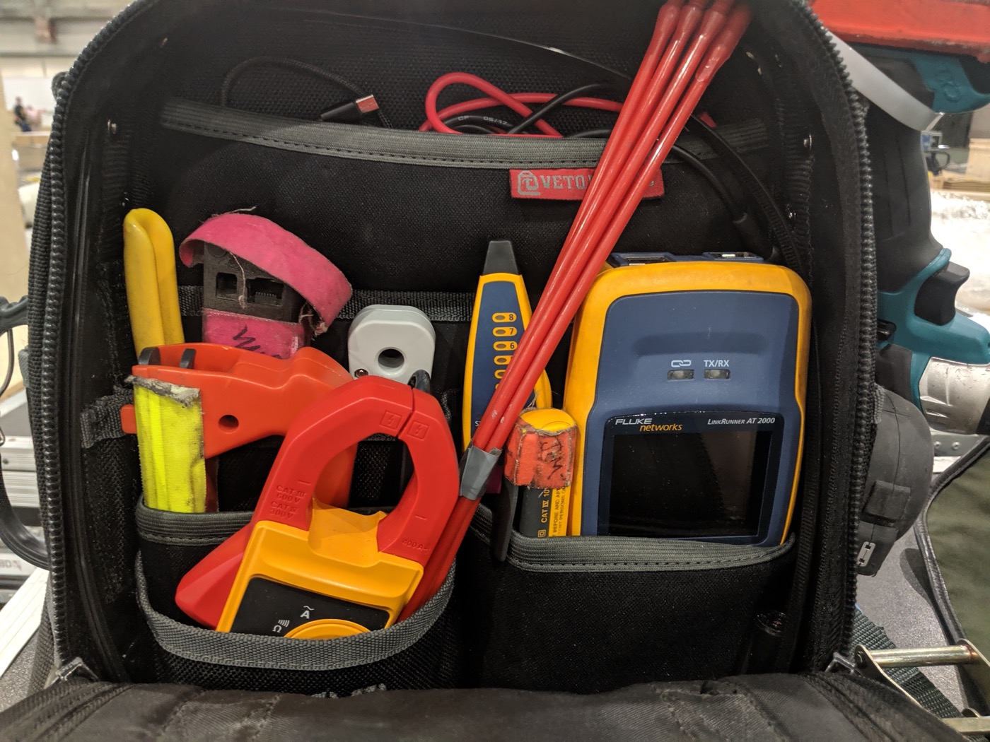 Technician tool bag with Fluke LinkRunner and test kit