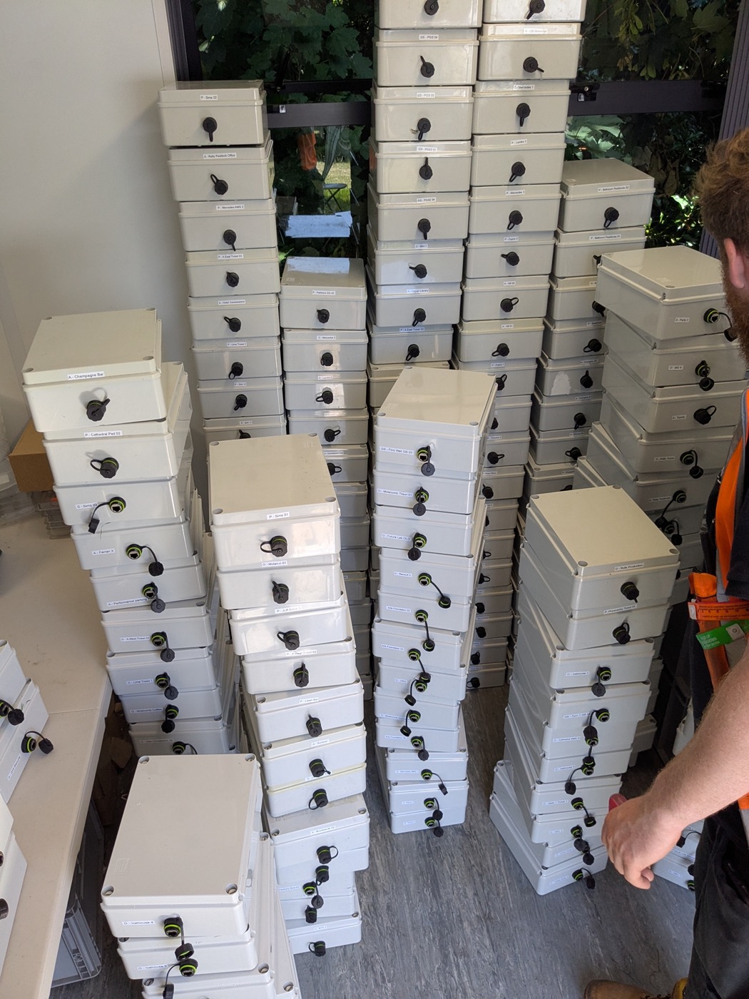 Stacks of labelled network junction boxes for an event deployment